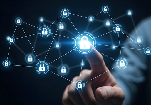 Finger touching a glowing digital network of interconnected security locks, representing cybersecurity and data protection