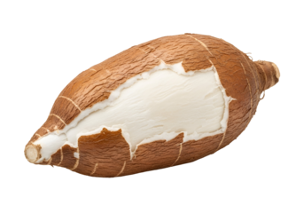 Close-up of a cassava root, showcasing its distinctive brown, textured skin and a revealing cut exposing the light-colored, starchy interior.