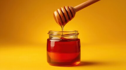 A honey dipper drips golden honey into a clear glass jar, set against a vibrant yellow background