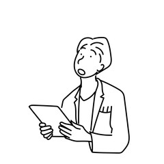 驚いた表情でタブレットを持つ白衣の男性をシンプルな線画で描いたイラスト｜医療や教育資料、デジタル診療やヘルスケア関連デザインに適したユーモラスなベクター素材