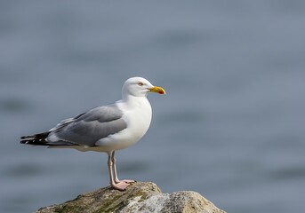 Obraz premium Seagull perched on weathered coastal rock with blurred ocean background