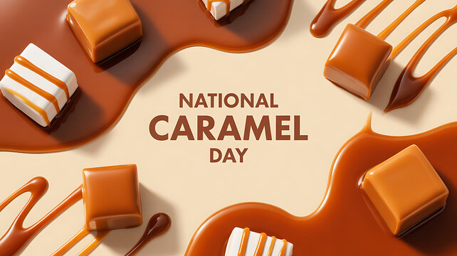 National Caramel Day celebration with caramel candies and drizzled sauce on a creamy background