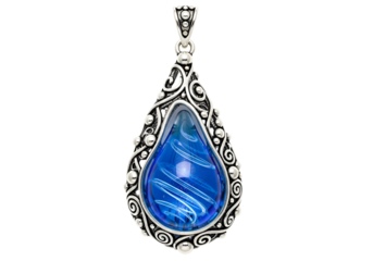 A detailed close-up of a teardrop-shaped pendant, showcasing intricate silver filigree and a vibrant, swirling blue gemstone.