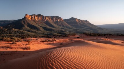 Naklejka premium The spectacular sunset view over the dunes, with mountains in the background, creates a touching and unforgettable moment, becoming a beautiful and peaceful memory.