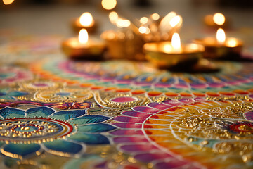 Celebrate Diwali with vibrant, colorful Rangoli designs and glowing candles radiating warmth and tradition during the festive season of light