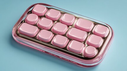 A modern, rectangular keyboard design, featuring glossy, light pink keys, housed in a transparent, rose gold casing, displays a sophisticated aesthetic.