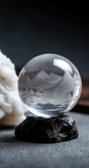 Clear sphere, mountain scene,  crystal,  dark base
