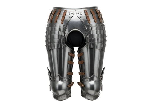 Detailed view of historical leg armor, showcasing intricate metal plating and decorative accents.