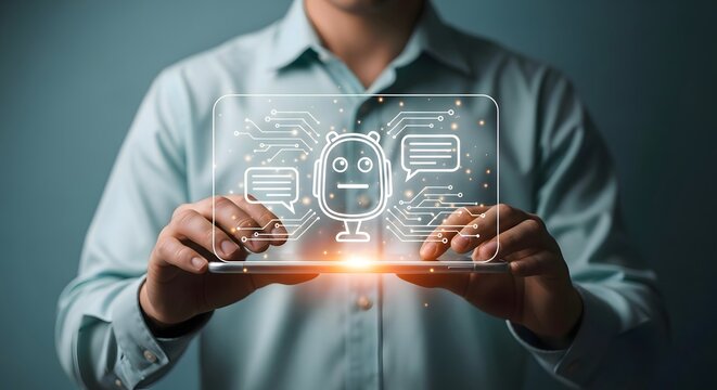 Man holding tablet displaying chatbot with speech bubbles and circuit board connections overlayed