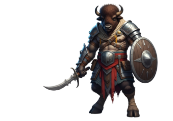 A powerful creature, a bison warrior, stands ready with sword and shield, displaying detailed armor and a fierce posture.