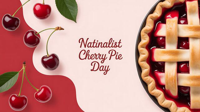 National Cherry Pie Day celebration with a lattice-topped cherry pie and fresh cherries on a red and cream background