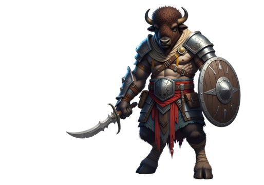 A powerful creature, a bison warrior, stands ready with sword and shield, displaying detailed armor and a fierce posture.