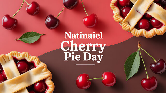 National Cherry Pie Day celebration with fresh cherries and lattice-topped cherry pies on a red and brown background