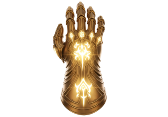 A detailed, golden hand gauntlet, adorned with glowing symbols, stands out against a stark black backdrop.
