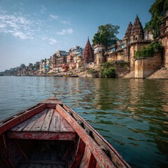 River boat, ancient temples, colorful city