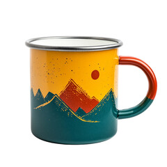 Enamel camp mug with vibrant mountain sunset landscape design
