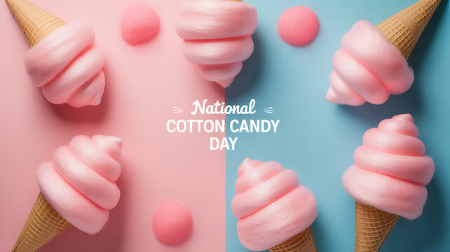 National Cotton Candy Day celebration with pink cotton candy in waffle cones on a split pink and blue background