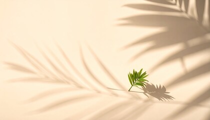 Light beige background with palm leaf shadows and a small green plant