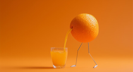 Surreal orange pouring juice into glass