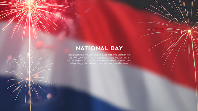 National Day celebration with fireworks over a flag background