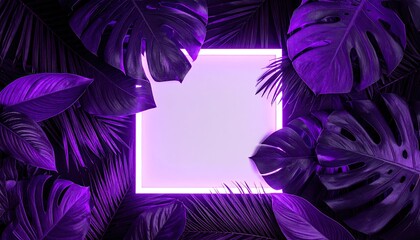 Purple tropical leaves frame empty square