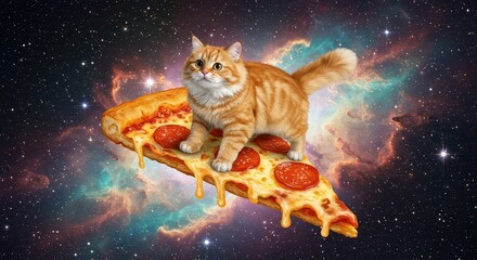 A fluffy ginger cat sits atop a slice of pizza, drifting through a vibrant cosmic expanse, filled with swirling nebulae and twinkling stars.