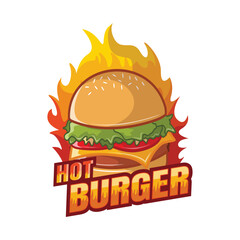 Spicy Hot Burger Mascot with Flame Fast Food Logo Vector Illustration