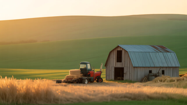 Tractor parked near a barn in a golden field at sunset