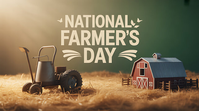 National Farmer's Day celebration with miniature barn and tractor on hay background