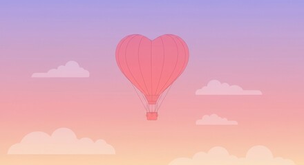 Fototapeta premium A heart-shaped hot air balloon floats serenely against a soft, pastel sunset sky filled with fluffy clouds.