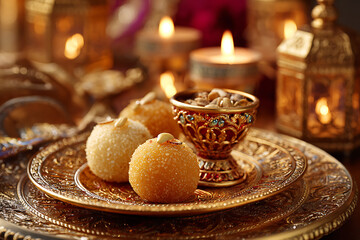 Fototapeta premium Celebrate Diwali with traditional sweets and warm glowing lanterns, a festive and delicious treat for a memorable holiday celebration