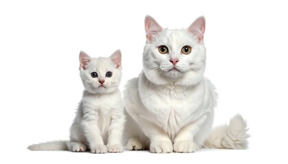 Two white kittens, one large, one small, looking at camera