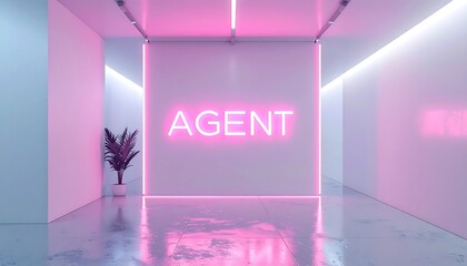 Futuristic corridor with neon pink text