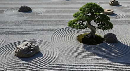 Serene Zen Garden with Twisted Bonsai and Raked Gravel