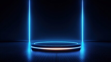 A futuristic blue-lit podium with neon lines in a dark, high-tech environment, creating a modern and digital atmosphere