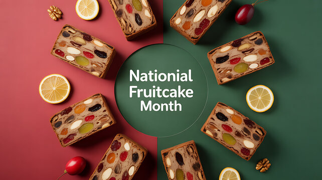 National Fruitcake Month celebration with slices of fruitcake arranged around a central text on a dual-colored background
