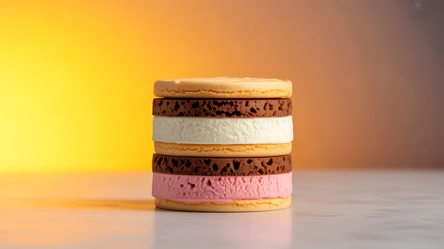 Stacked sandwich cookies with layered fillings in white, pink, and chocolate against a warm gradient background