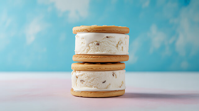 Stack of two ice cream sandwiches with vanilla filling and cookie layers on a pastel background