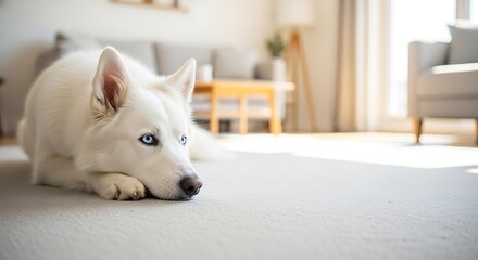 Serene White Husky with Piercing Blue Eyes Resting on a Plush Carpet