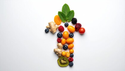Colorful fruits and vegetables arranged in an arrow shape on white background
