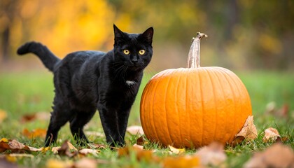 Black cat and pumpkin in autumn (1)
