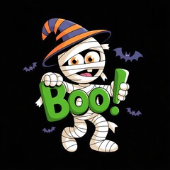 Cute Cartoon Mummy with Halloween Hat Holding Boo Sign