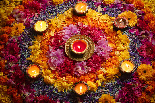 Vibrant floral arrangement with glowing candles creates a festive and spiritual atmosphere, perfect for celebrations and cultural events.