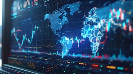 Animated financial market data visualization with world map overlay, global trends and analysis - Powered by Adobe