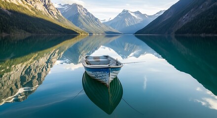 Serene Mountain Lake Reflection with Small Boat