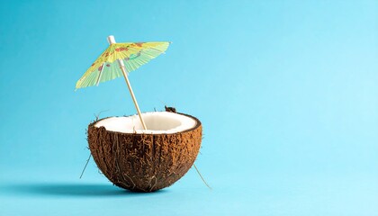 Coconut half with a cocktail umbrella