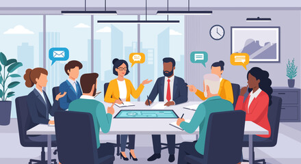 Diverse business team engaging in a meeting, sharing ideas, and collaborating around a conference table in a modern office setting
