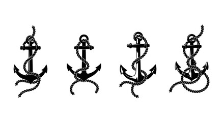 Fototapeta premium Collection of four vintage nautical ship anchors with ropes detailed hand drawn style vector