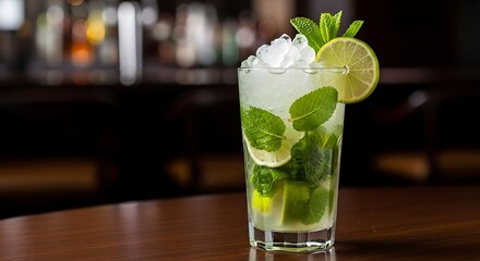Refreshing mojito cocktail in a tall glass, garnished with lime and mint, sits on a wooden bar.