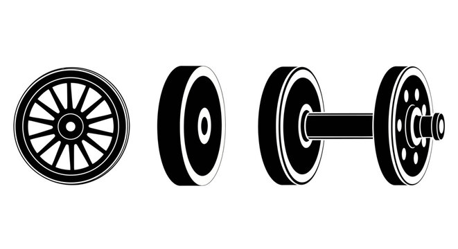 Collection of industrial train wheels and carriage wheels in various perspectives vector